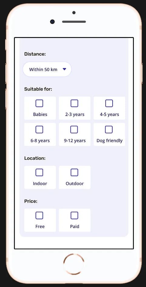 Screenshot showing the event filters. The user can filter events by distance, which age group the events are suitable for, whether they are indoors or outdoors, and whether they are free or paid.