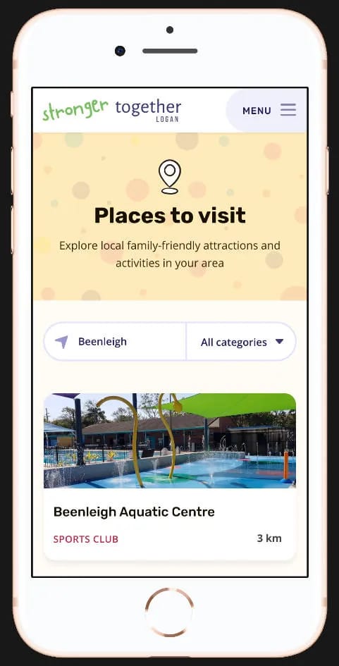 Screenshot of the “places to visit” page. It shows attractions which are near to the user’s location listed as “Beenleigh.” The first attraction is the “Beenleigh Aquatic Centre”, complete with an image of the centre. It is categorised as a sports club and is 3 kilometres away.