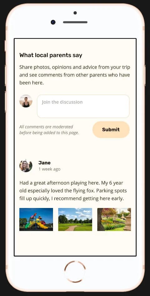 Screenshot showing a comment box under the title “What local parents say.” One user, Jane, has posted several pictures of her visit to the park, and recommends getting to the park early to get a parking spot.