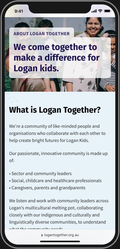 Screenshot of the “About” page on a mobile device, showing a block of text describing what Logan Together is.