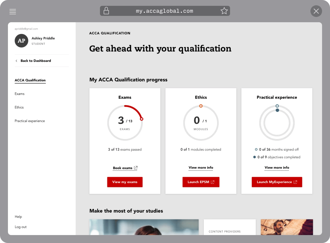 Screenshot of the "Qualification" page of the student portal.