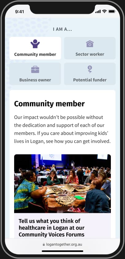 The “Get involved” page, showing a menu of tabs with “Community member” selected and a link to attend an event called the Community Voices Forums.