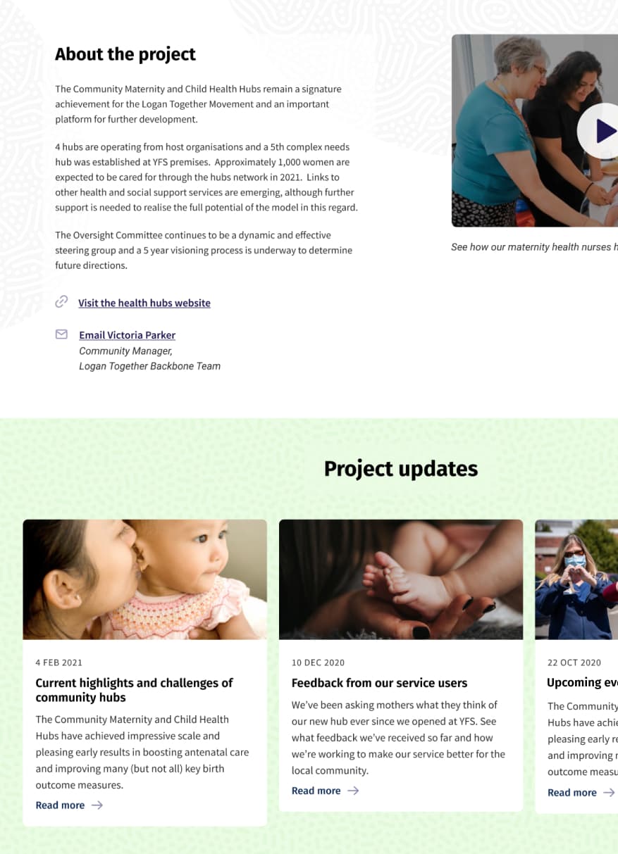 Part of the single project page, showing a description of the project, an external link to the project’s website, the primary contact’s name, job, and email address, a relevant video, and a series of news updates about the project.
