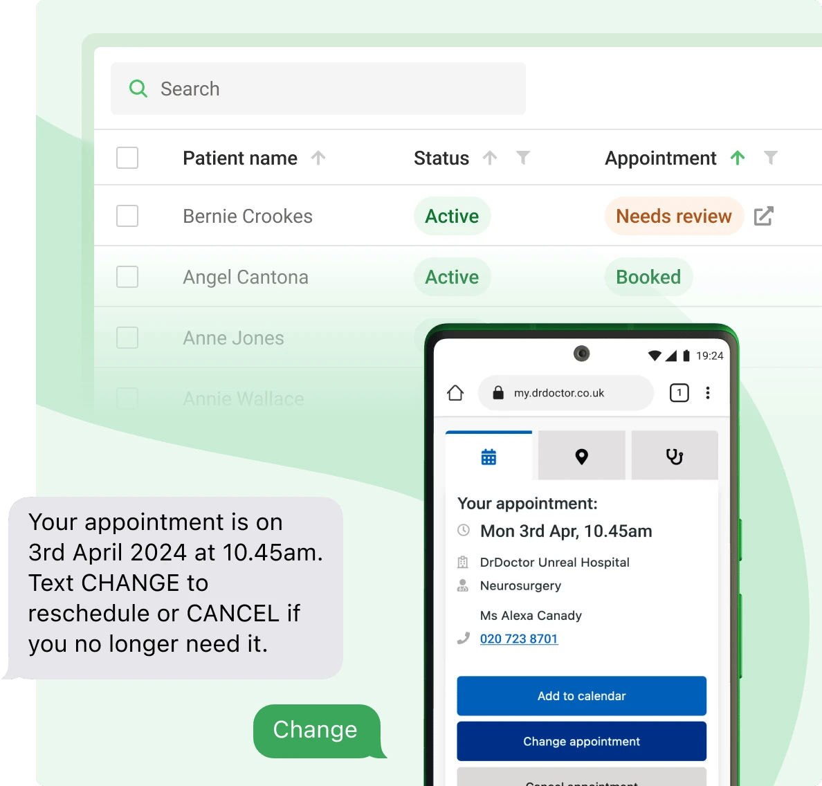 A table view of patients on the hospital portal.