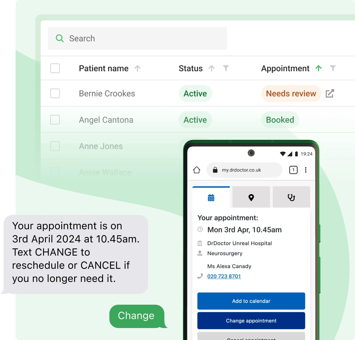 A table view of  patients on the hospital portal. 